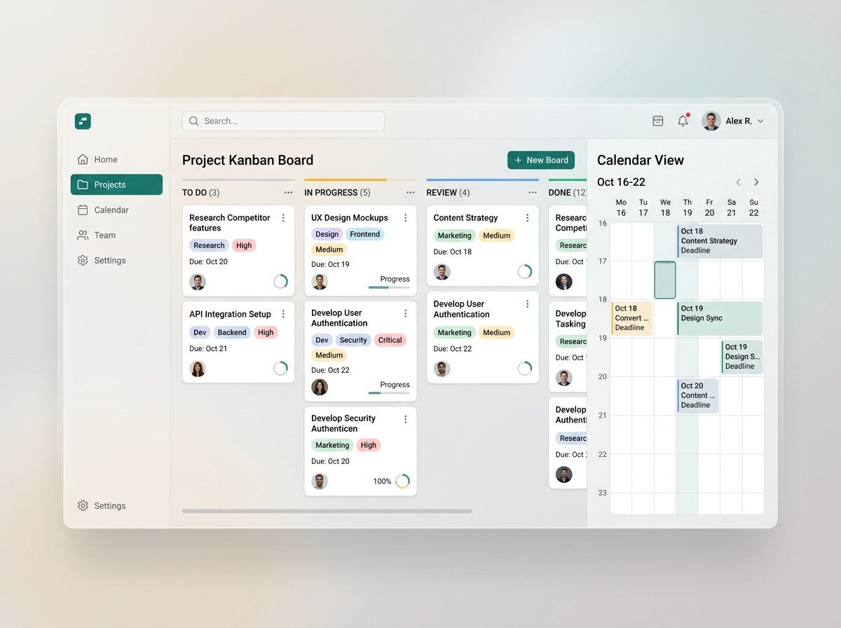 Deep Work Mode project board and calendar dashboard